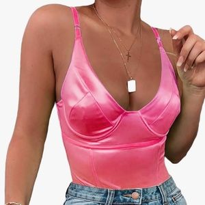 Velius Women's Sexy Deep V Neck Shiny Thong Bodysuit Tank Tops with Underwire